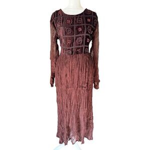 MPH Dress Womens Large Brown Rayon Embroidered Pullover Maxi Boho Festival